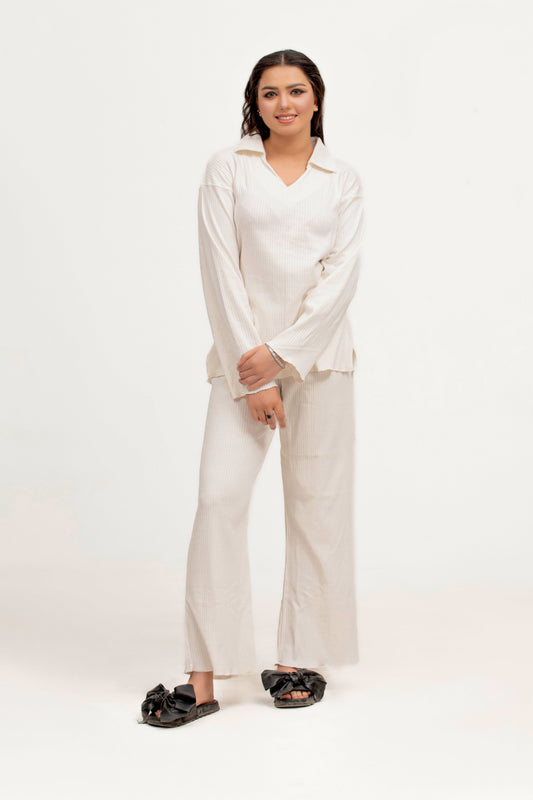 Plain Co-Ord Waffle Knitted V-Neck - WHITE